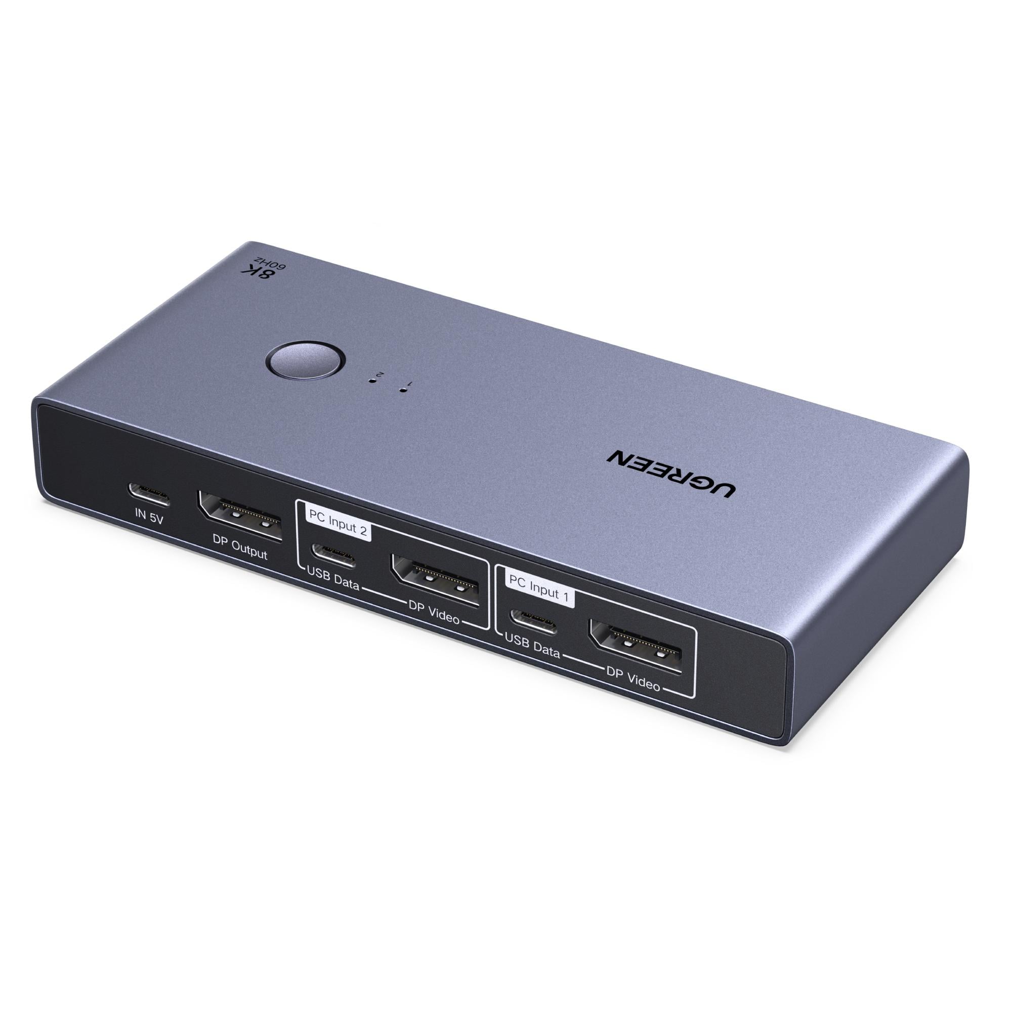 Переключатель KVM UGREEN CM695 DisplayPort для 2 компьютеров и 1 монитора 4 порта USB 3.0/3 USB-A/1 USB-C Серый (25962A)