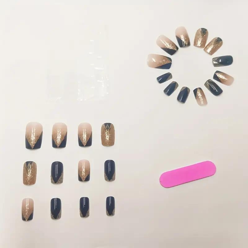 Накладні нігті геометричний дизайн з клейовими пластинами набір 24 шт. Чорний із золотистим (2743174642) - фото 4 Накладні нігті геометричний дизайн з клейовими пластинами набір 24 шт. Чорний із золотистим (2743174642) - фото 4