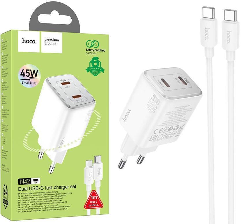 Зарядний пристрій Hoco N42 PD45W 2 USB-C/кабель Type-C-Type-C White (36819) Зарядний пристрій Hoco N42 PD45W 2 USB-C/кабель Type-C-Type-C White (36819)