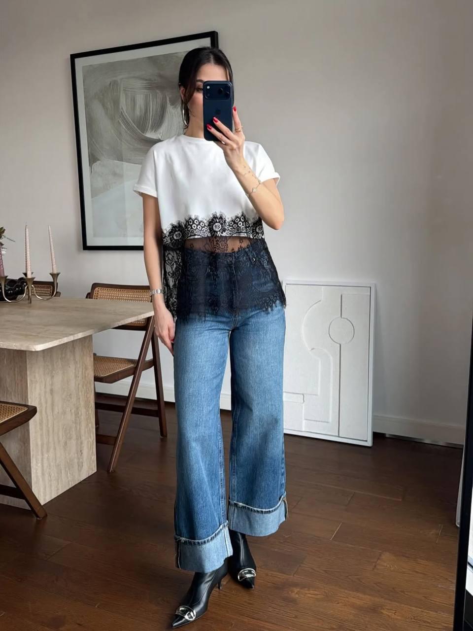 Футболка жіноча з мереживом кулір р. 42-48 Білий/Чорний (33244644)