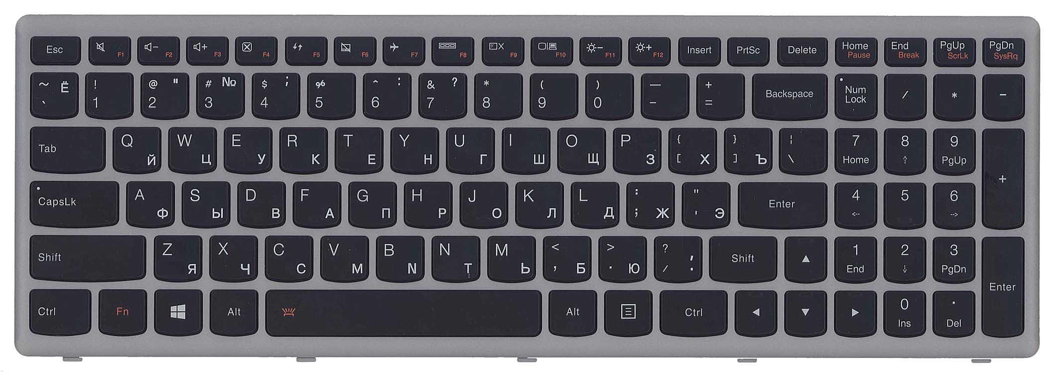 Клавіатура для ноутбука Lenovo IdeaPad G505S Z510 з підсвічуванням Light Silver Frame Black