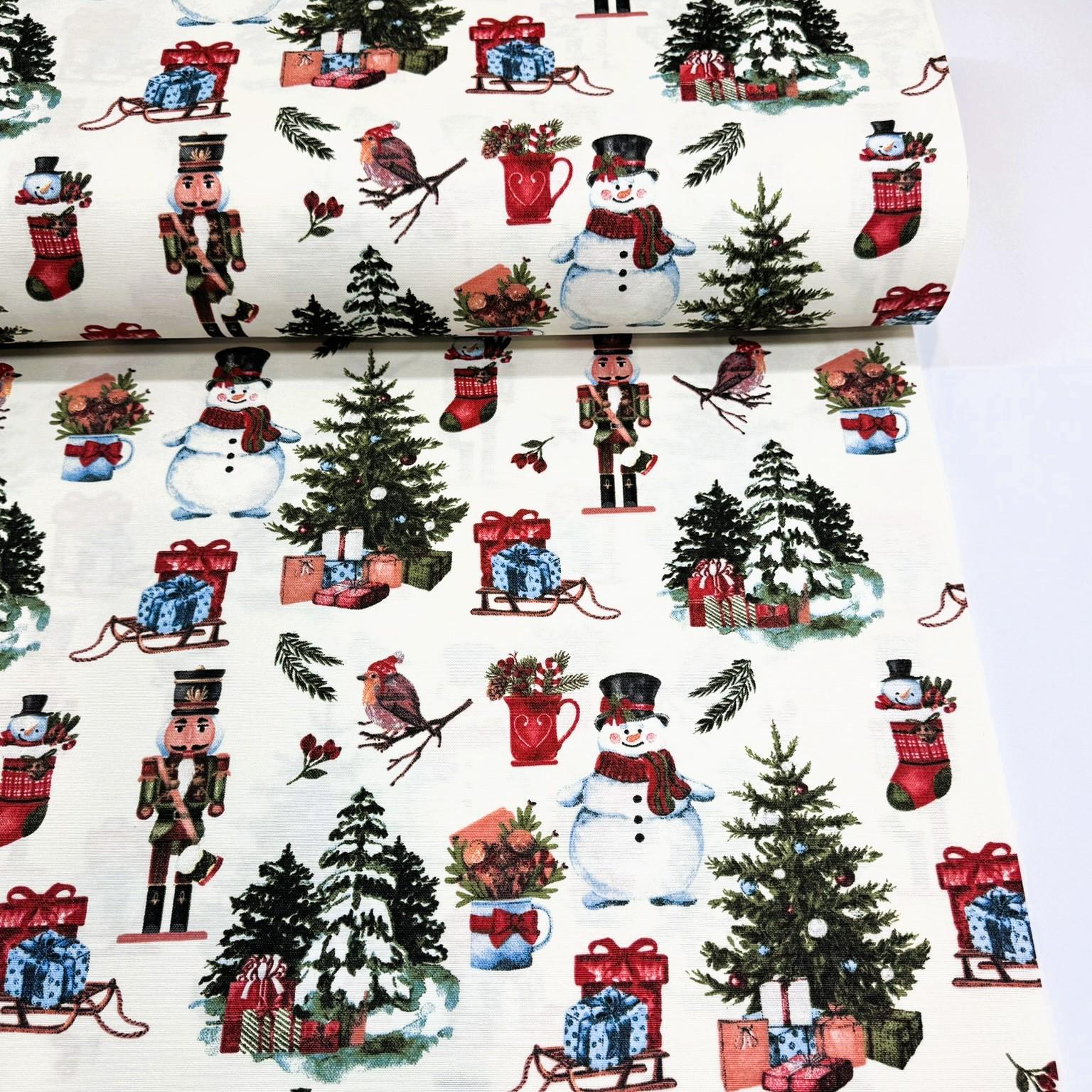 Ткань водоотталкивающая Duck с тефлоновым покрытием снеговики и подарки 70% хлопок/30% полиэстер 180 см (121700/002 02981)