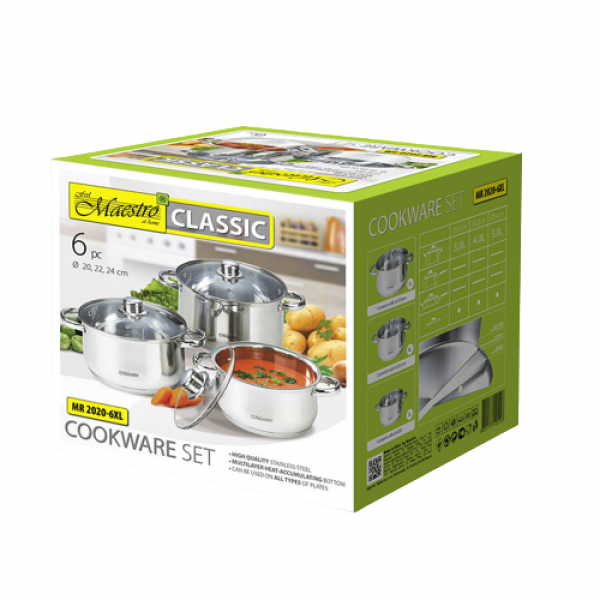 Набор посуды Maestro из нержавеющей стали со стеклянными крышками 3 л/4 л/5 л 6 пр. (3e7605c1) - фото 6 Набор посуды Maestro из нержавеющей стали со стеклянными крышками 3 л/4 л/5 л 6 пр. (3e7605c1) - фото 6