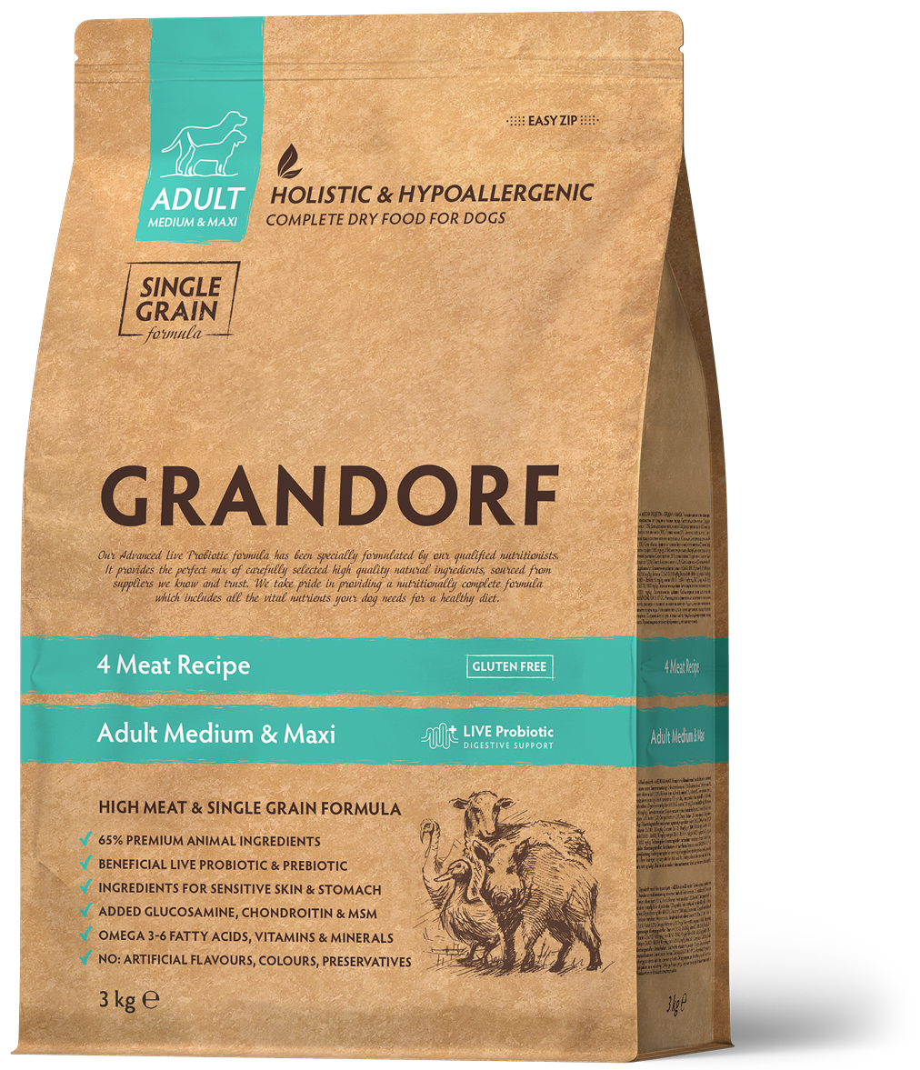 Корм для взрослых собак средних и крупных пород Grandorf 4 Meat Medium & Maxi с 4 видами мяса 3 кг (94703)