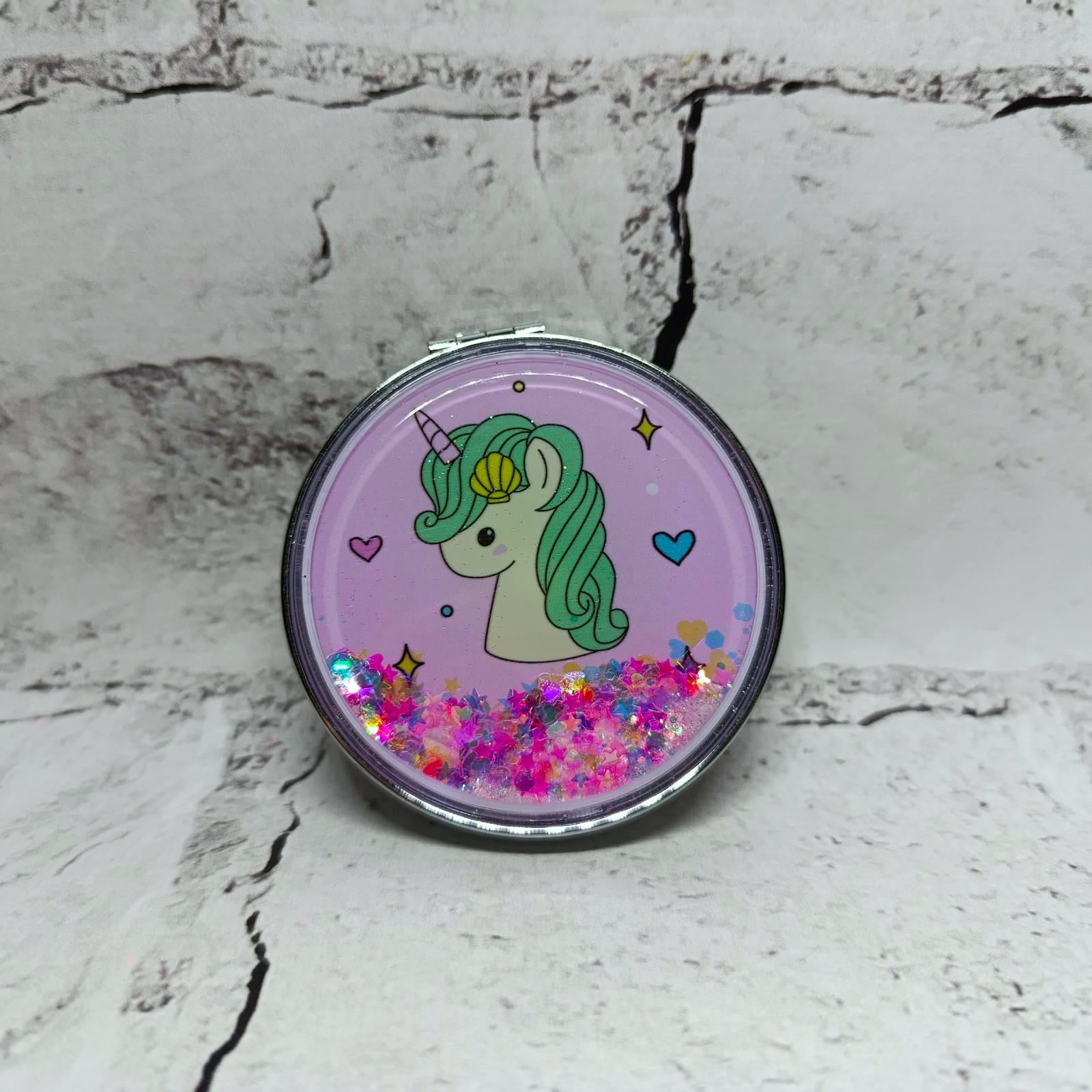 Зеркало карманное косметическое Единорог жидкие блестки 7х7 см (А20-1)