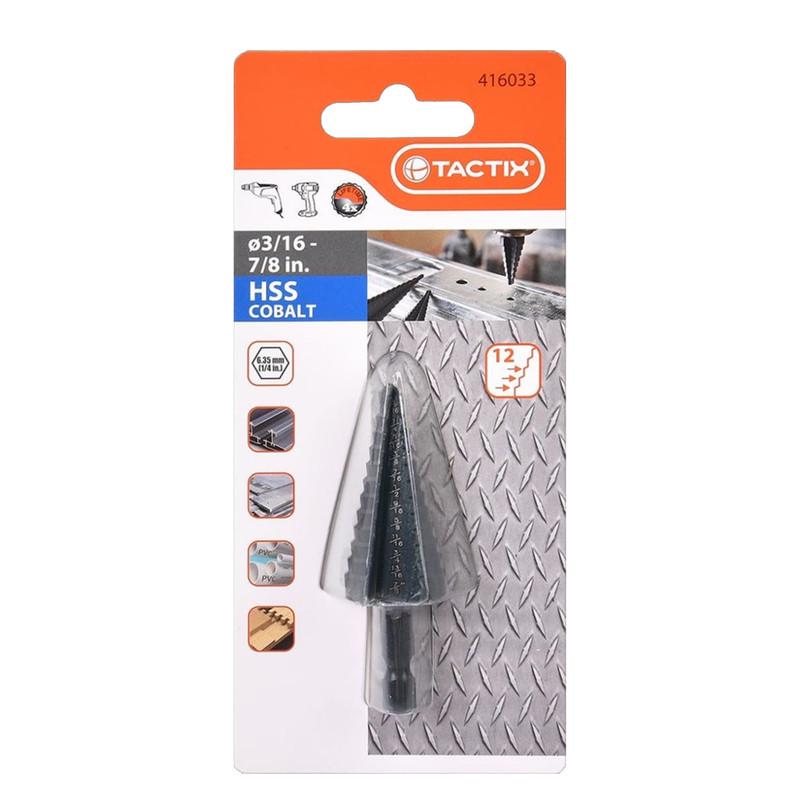 Свердло ступінчасте TACTIX HSS 416033 ⌀3/16"-7/8" по металу сталь HSS/кобальт (SDDT0DTWE416033MT0) - фото 2 Свердло ступінчасте TACTIX HSS 416033 ⌀3/16"-7/8" по металу сталь HSS/кобальт (SDDT0DTWE416033MT0) - фото 2