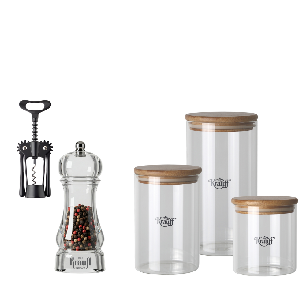 Набор банок для сыпучих Krauff Grutze с емкостью для специй Gastroline и штопором Dunkel (55-333-598)