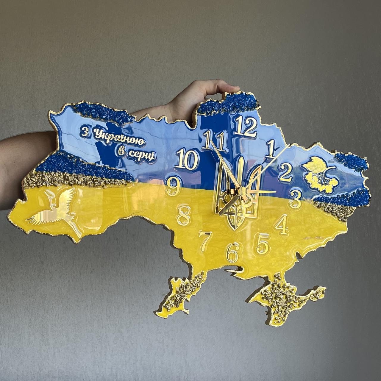 Годинник настінний з епоксидної смоли Карта України 70х45 см