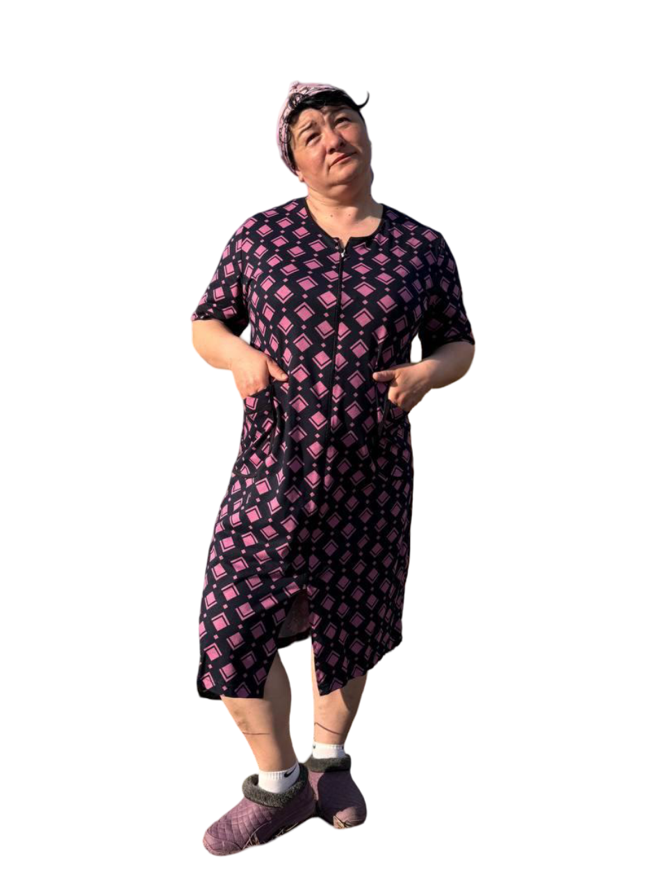 Халат женский на молнии хлопковый 2XL Черный с фиолетовым (Д-al-batal-25-003-03)