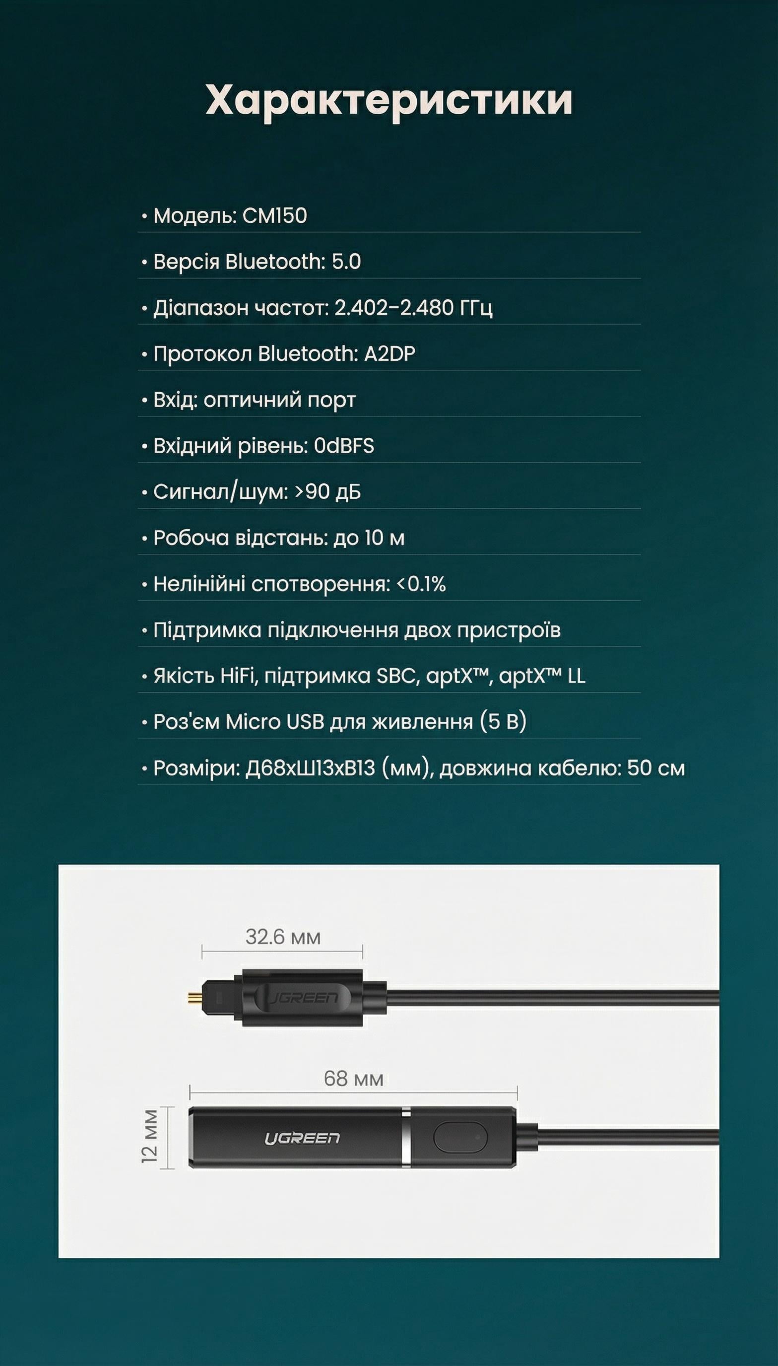 Bluetooth-трансмітер оптичний UGREEN CM150 Bluetooth 5.0/aptX/50 см Чорний (50213) - фото 10 Bluetooth-трансмітер оптичний UGREEN CM150 Bluetooth 5.0/aptX/50 см Чорний (50213) - фото 10