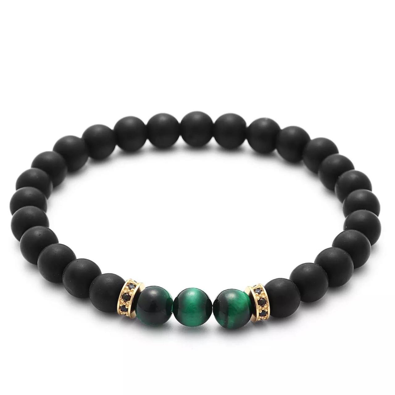 Браслет із шунгіту та тигрового ока з дисками р. 15 (90067)