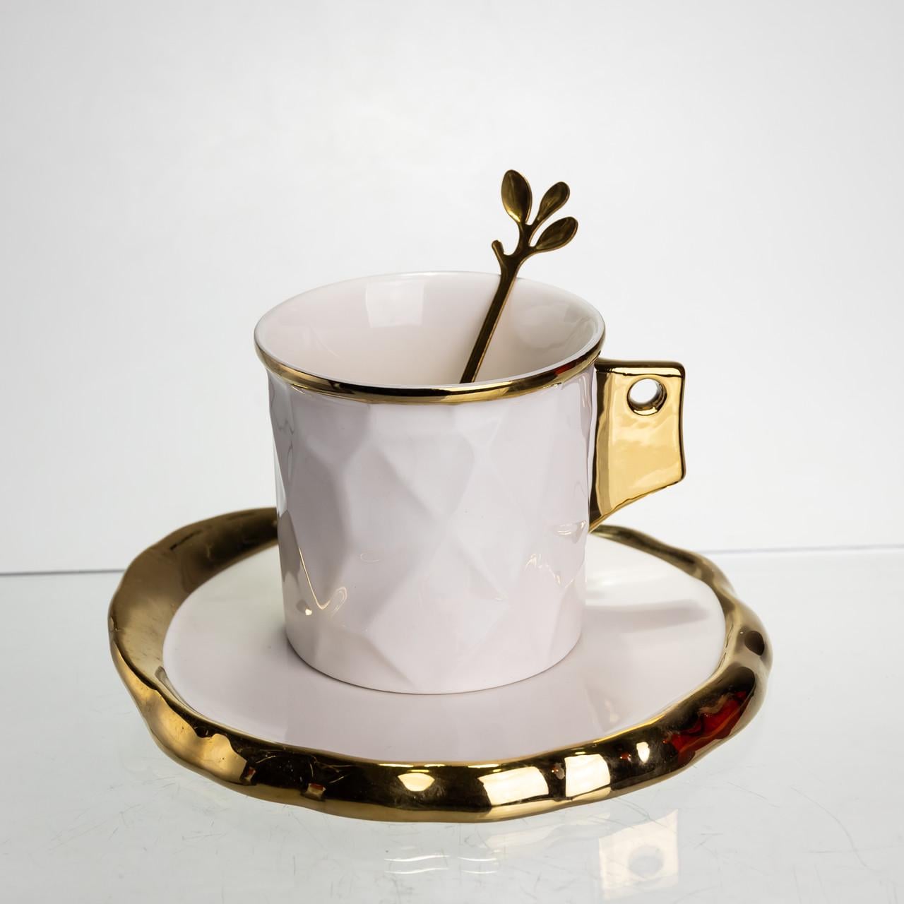 Чашка фарфоровая для кофе FM-1B 200 мл с блюдцем и ложкой Белый с золотом (124421)