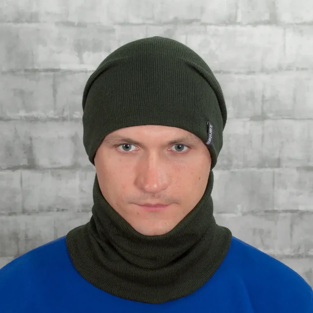Комплект зимовий чоловічий шапка з відворотом/снуд-баф на флісі Зелений (2549772374) - фото 4