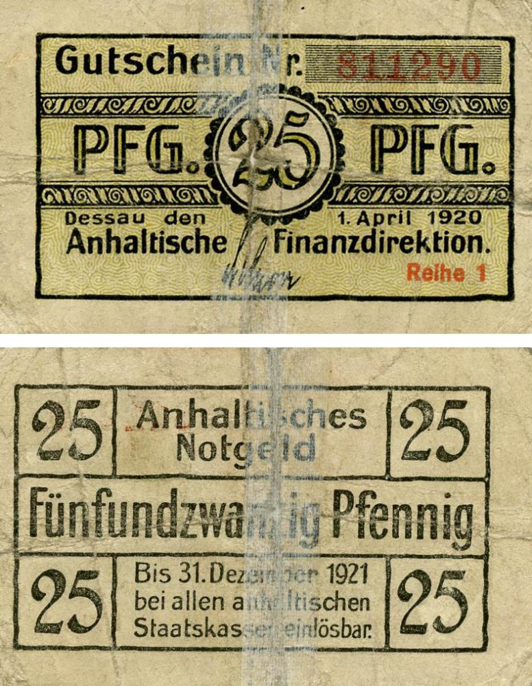 Колекційна банкнота Німеччина Нотгельд 25 пфеннігів 1920 G-VG Анхелтіше (Б18898)