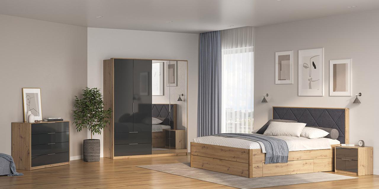 Спальный гарнитур MiroMark Реймонд 1 кровать 160x200 см/тумбы/комод 4Ш/шкаф 4Д Дуб артизан/Антрацит (54428)