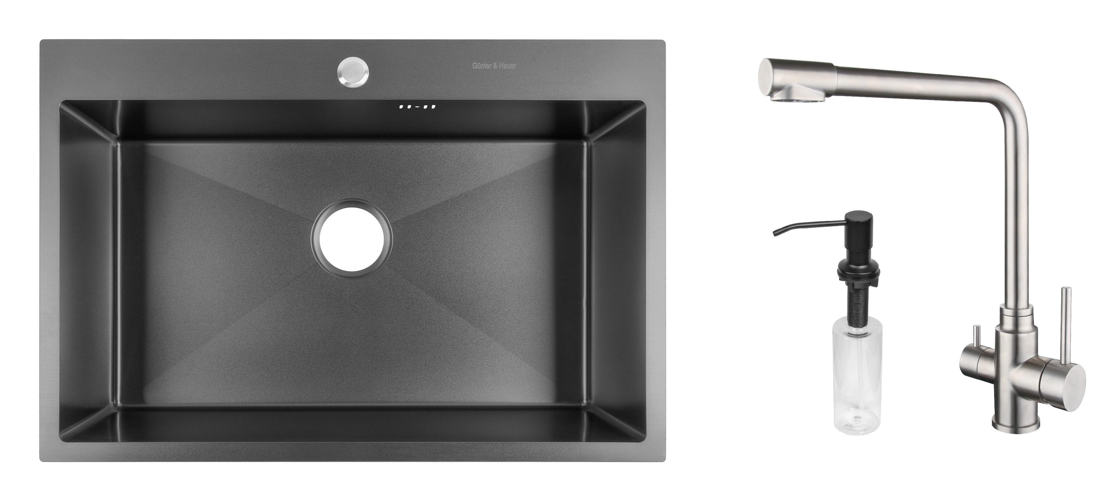 Комплект из кухонной мойки Gunter&Hauer Odenbach 7522 Black и кухонного смесителя Gunter&Hauer LUFT Br и дозатора Gunter&Hauer Soap Dispenser Black