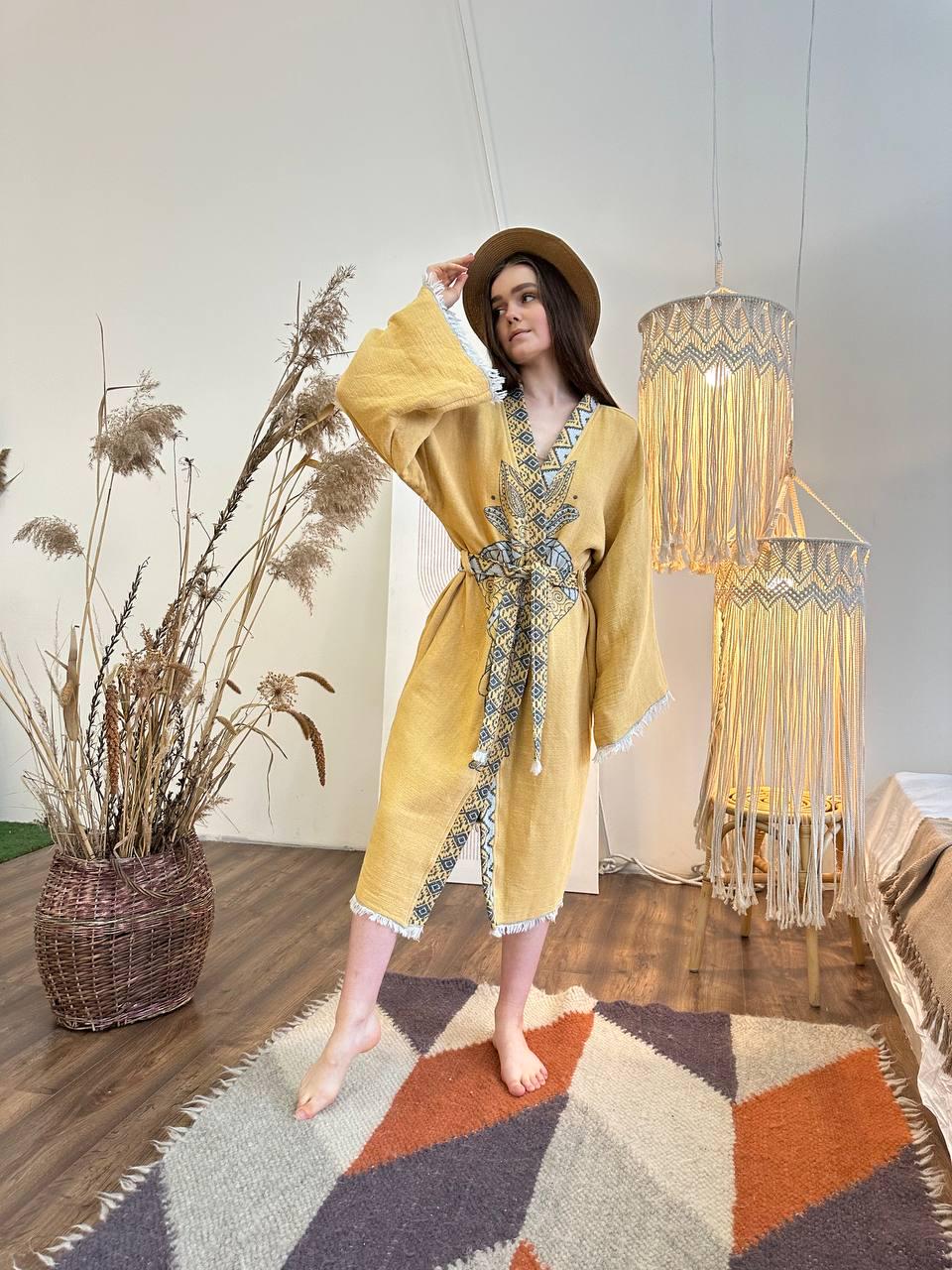 Халат-кимоно женский one size Желтый - фото 4 Халат-кимоно женский one size Желтый - фото 4