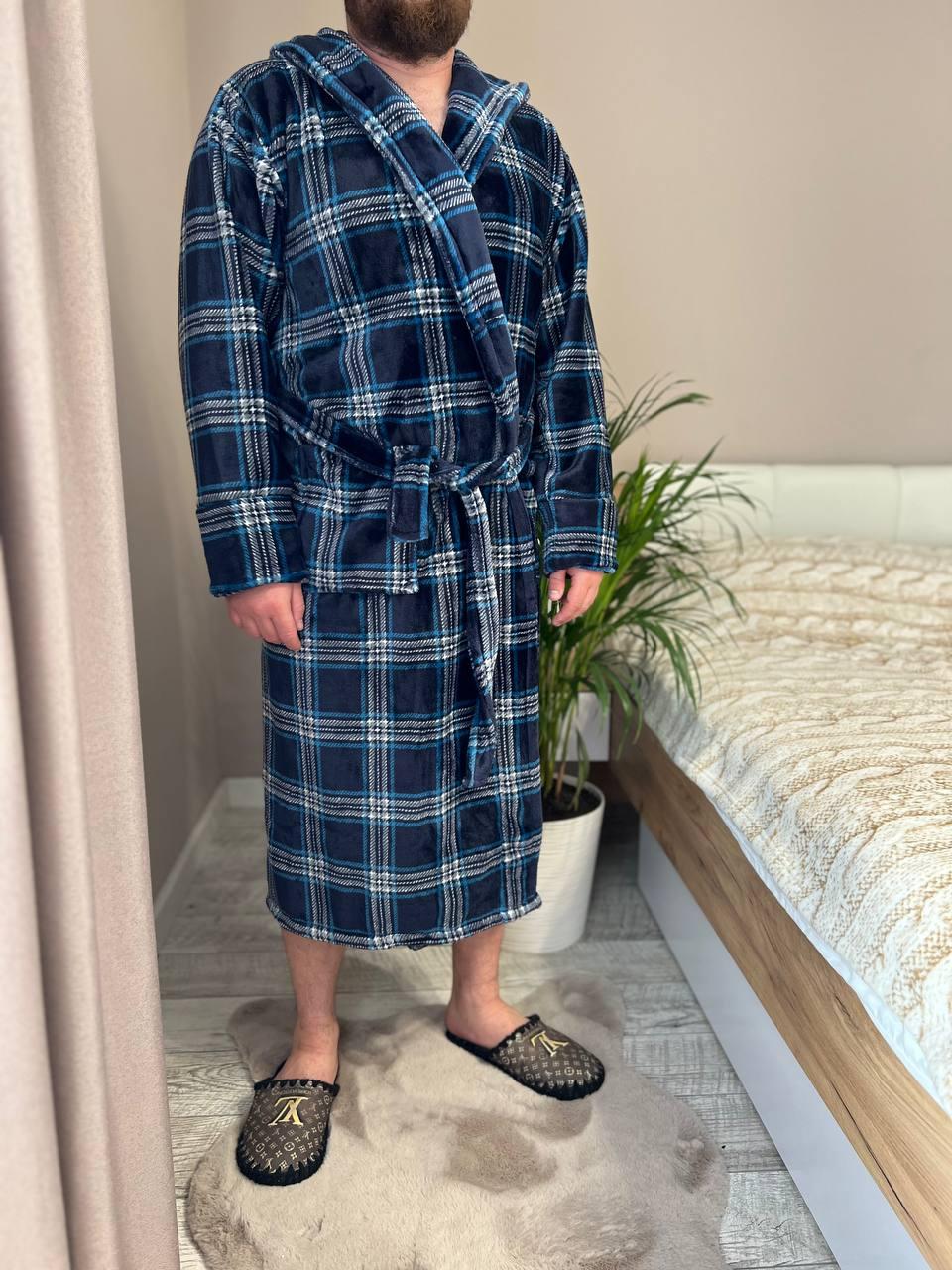 Халат чоловічий махровий в клітинку XL Темно-синій (22936616) - фото 2 Халат чоловічий махровий в клітинку XL Темно-синій (22936616) - фото 2