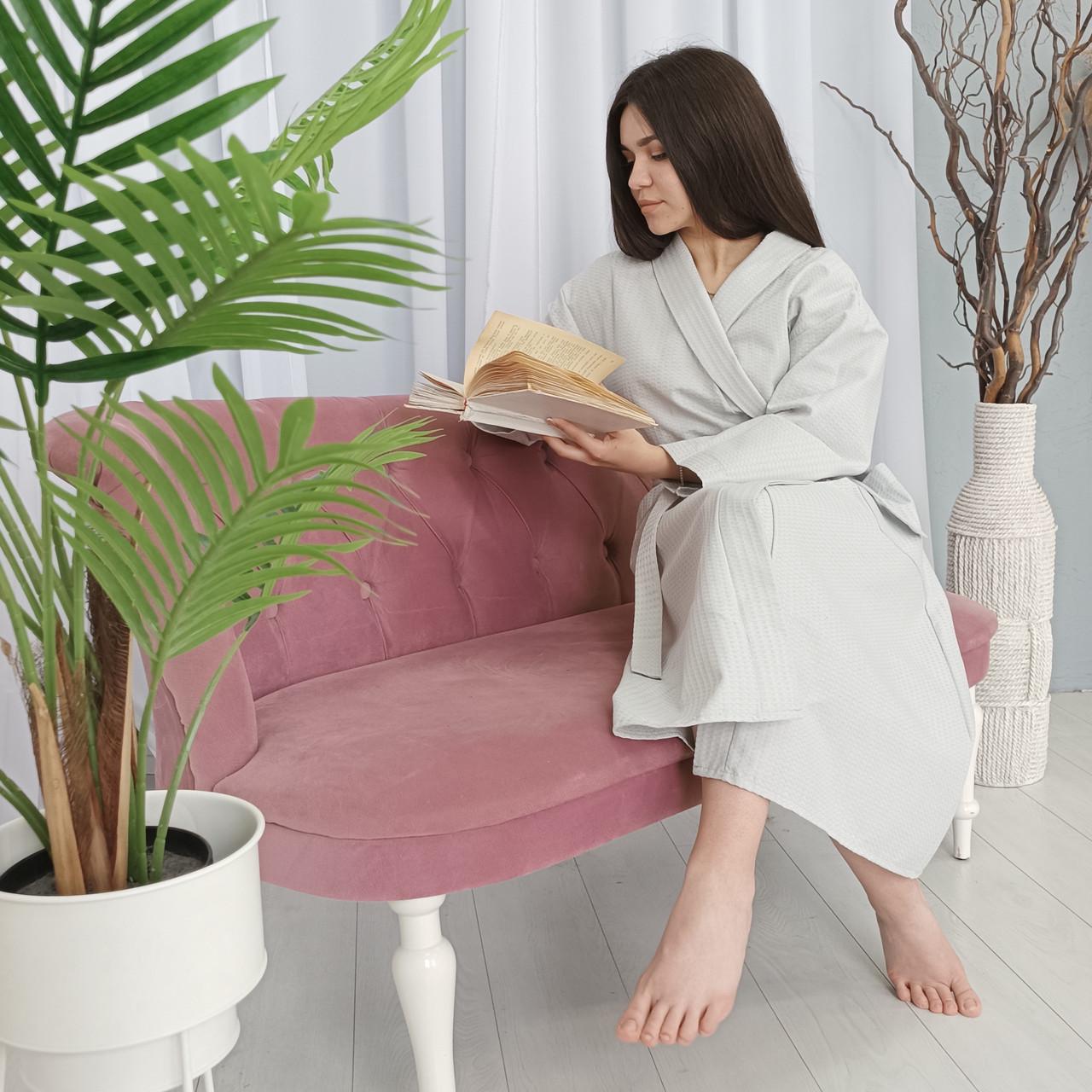 Халат вафельный Luxyart Кимоно р. 54-56 XL 100% хлопок Серый (LS-3377)