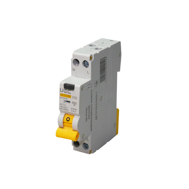 Дифференциальный выключатель UEC SB-R10N 2P 32А 30мА 6кА C тип АС (RCBO-R10N-2-032-C-030-AC)