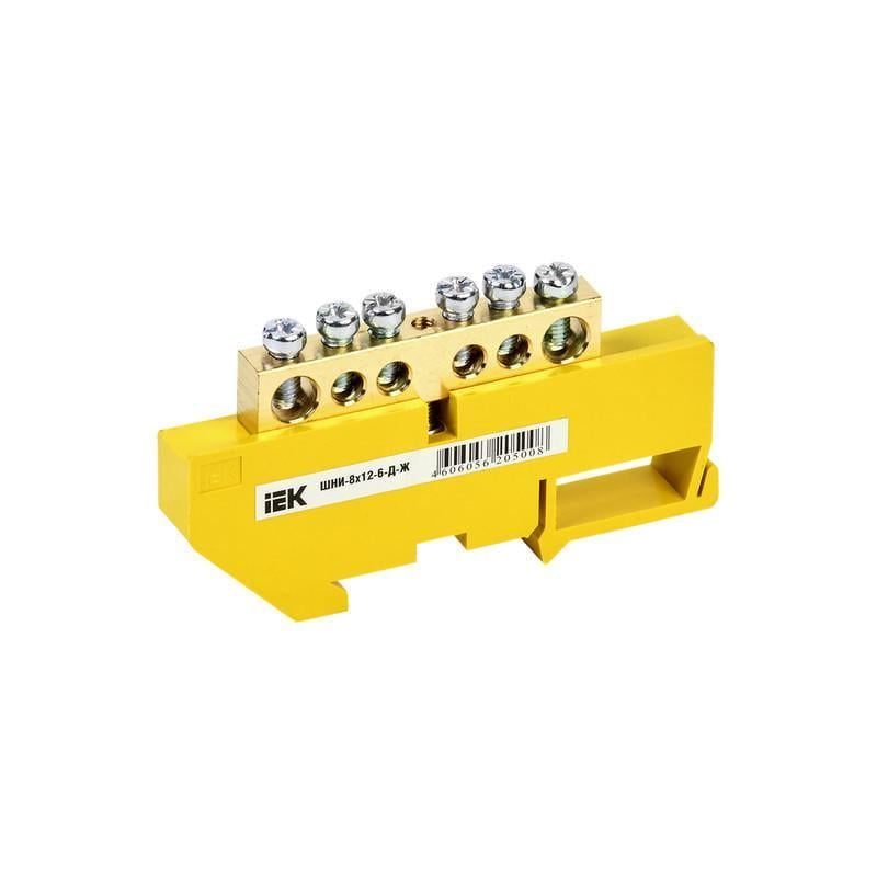 Шина заземлення УЕК ШНИ-8х12-6-Д-Ж 6 отворів 8x12 мм мідь з ізолятором на DIN-рейку (YNN10-812-6D-K05)