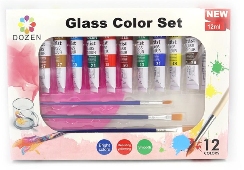 Фарби для скла та кераміки Dozen 12 кольорів по 12 мл 3 пензлики