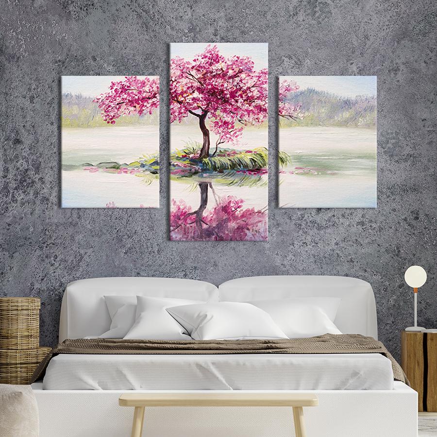Модульная картина на холсте Триптих Отражене сакуры в озере 141x90 см (597-32)