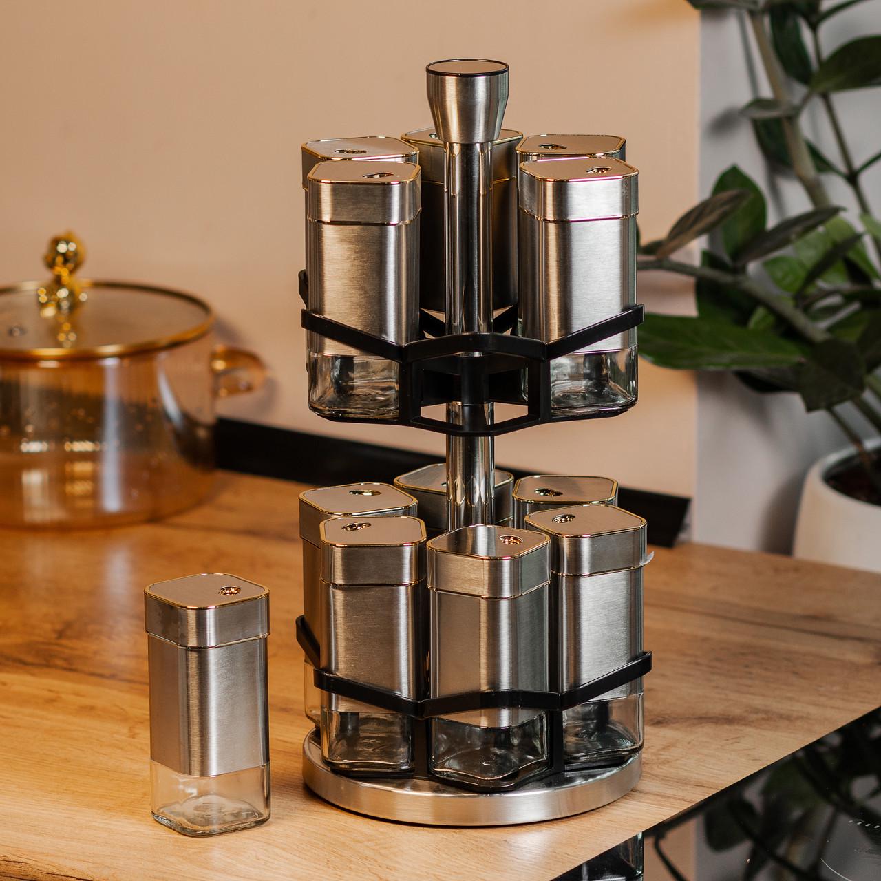 Набір баночок для спецій на підставці 12 шт. по 120 мл Хром/Золотий - фото 5