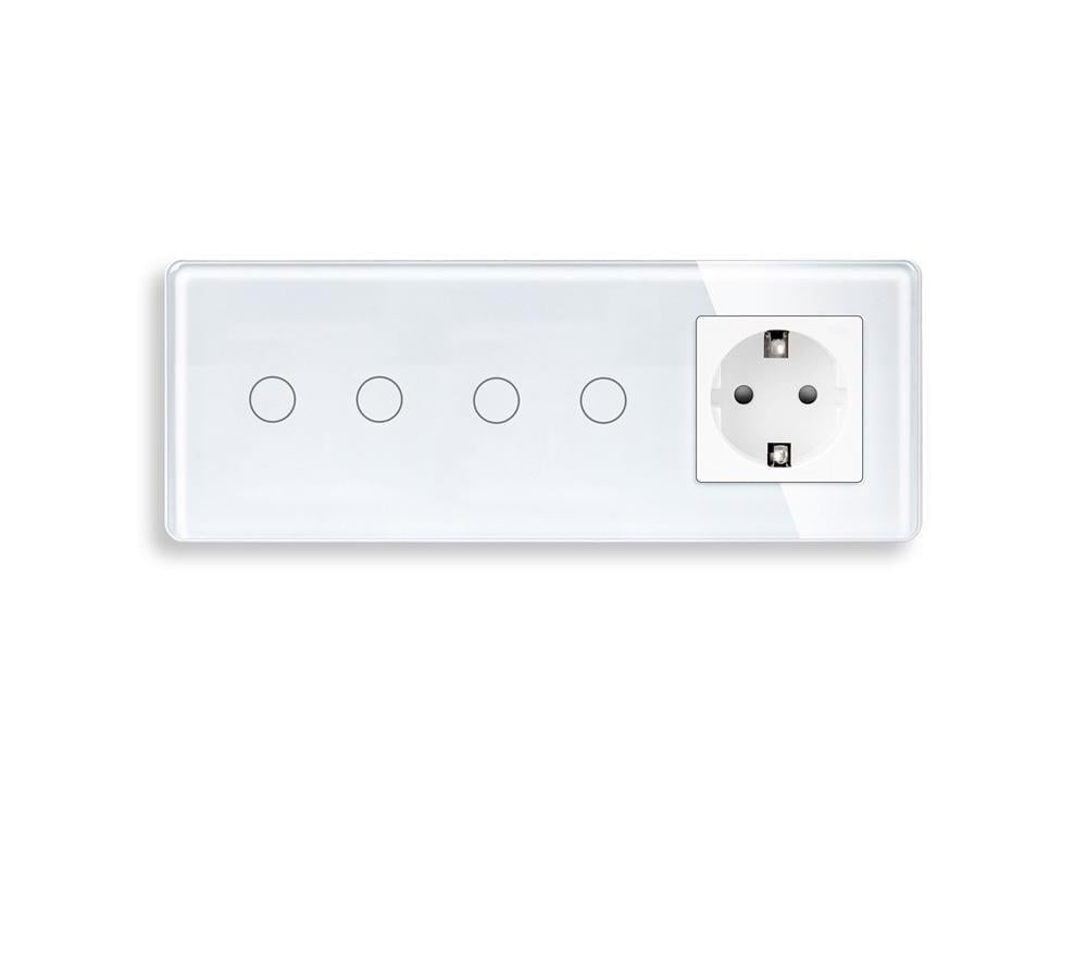 Выключатель перекрестный ELIOS 4 сенсоры 2-2 с розеткой стекло Белый