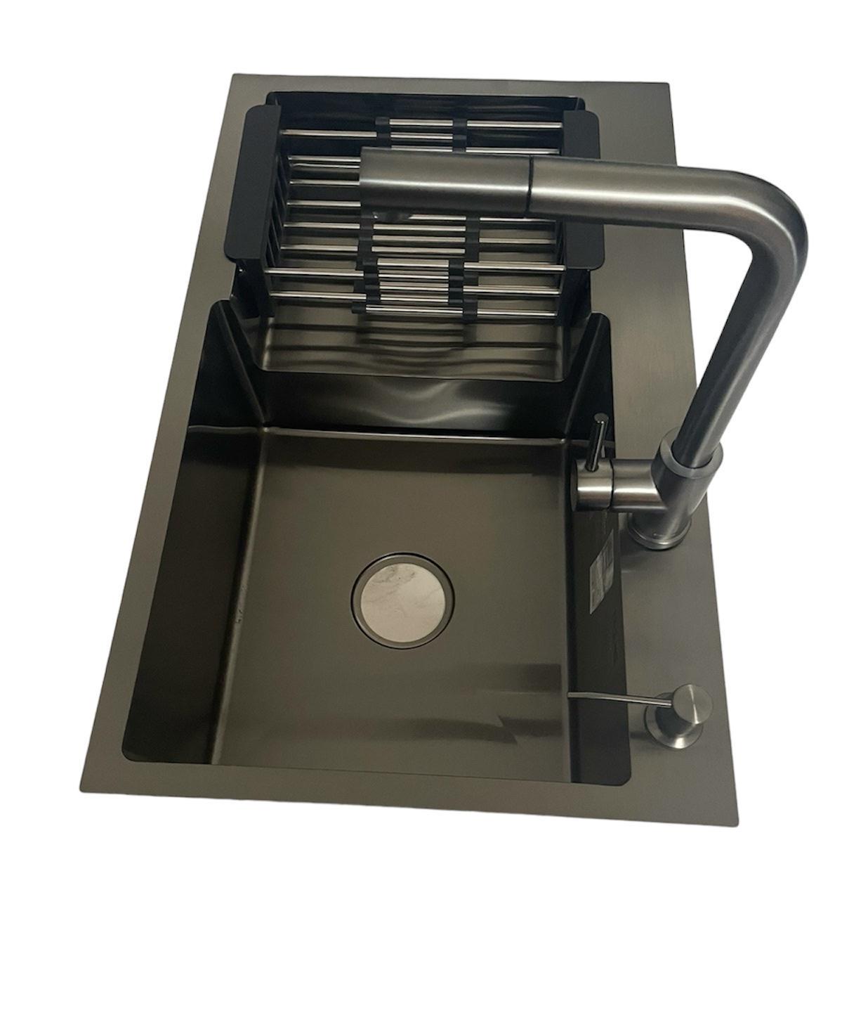 Мойка Kroner 7848RHM правая и кран кухонный с выдвижным изливом Kroner PVD03917 Черный