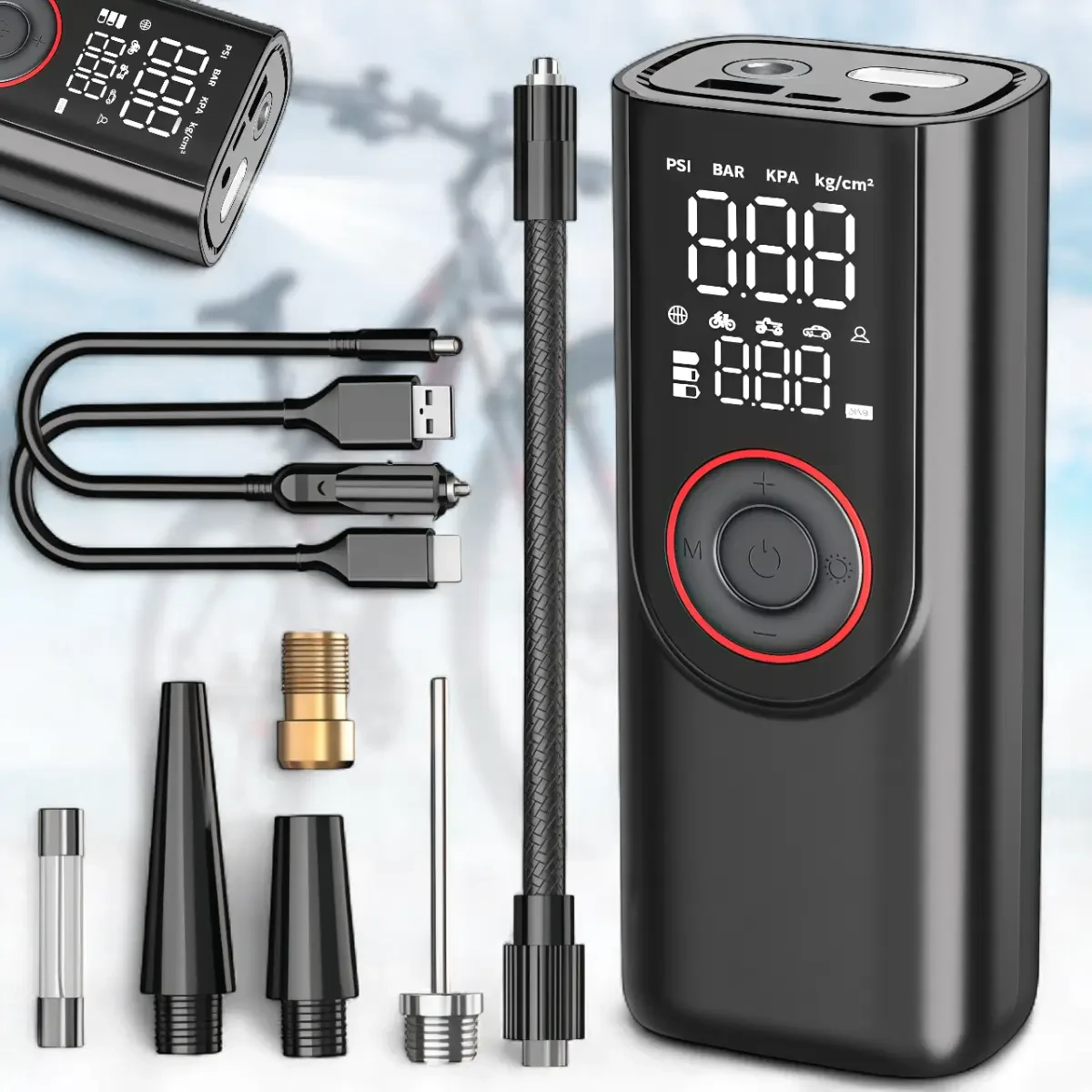 Компресор автомобільний з цифровим дисплеєм LED-ліхтариком і набором насадок ATJ-9566 3х2000 mAh (ATJ9566)