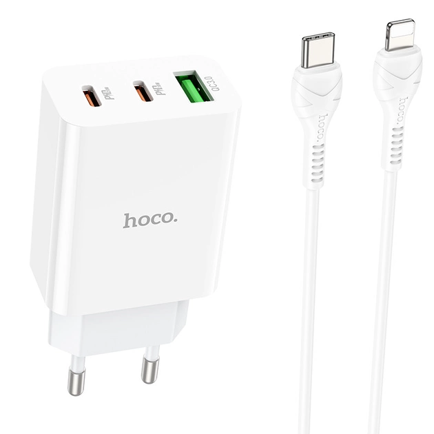 Устройство сетевое зарядное Hoco C99A PD20W QC3.0 1 USB/2Type-C/3A с кабелем для зарядки Type-C/Lightning Белый