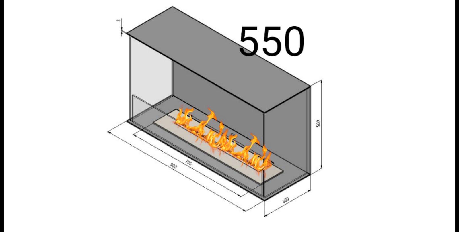 Біокамін вбудований трьохсторонній безрамочний 900 мм з пальником та захисним склом в комплекті лінія вогню 550 мм Чорний (11501294) - фото 5