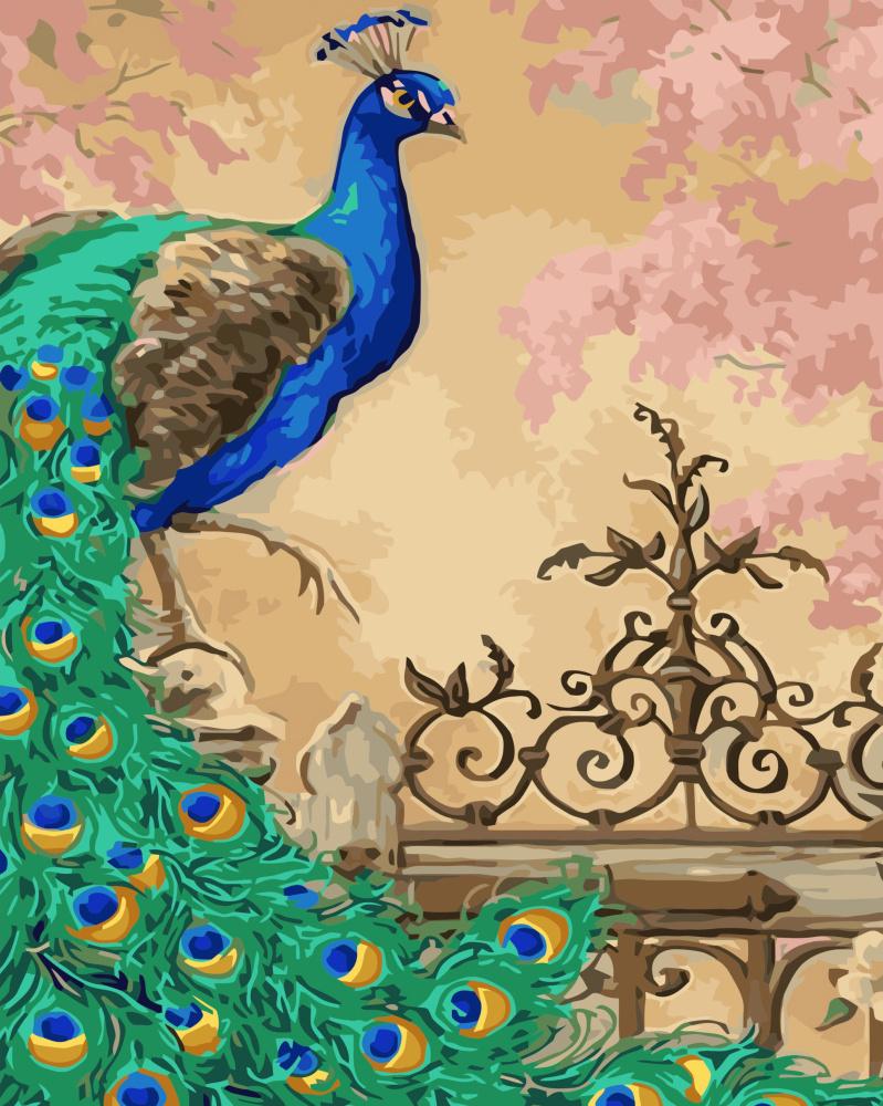 Картина за номерами Strateg Преміум Павич на хвіртці з лаком 40х50 см (VA-3414)