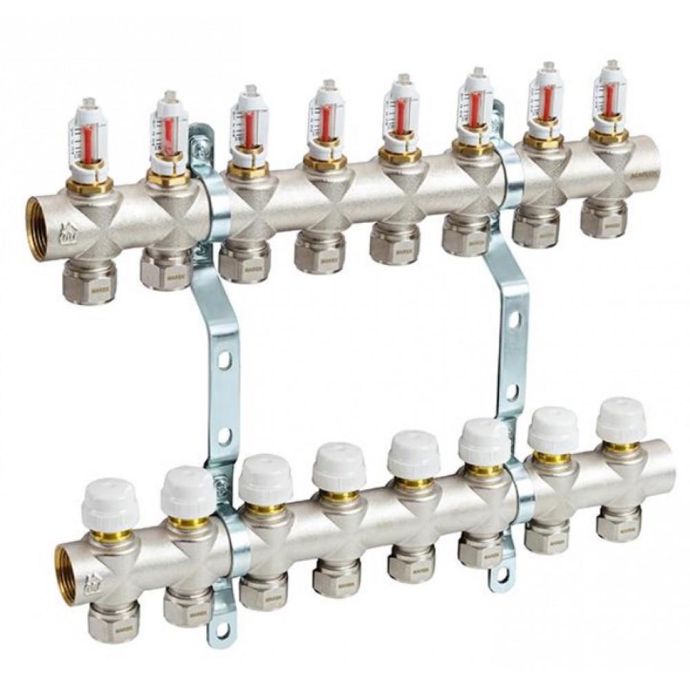 Комплект колекторів MAREK 1"x3/4" з латуні в зборі з витратомірами на 8 виходів (260132590)