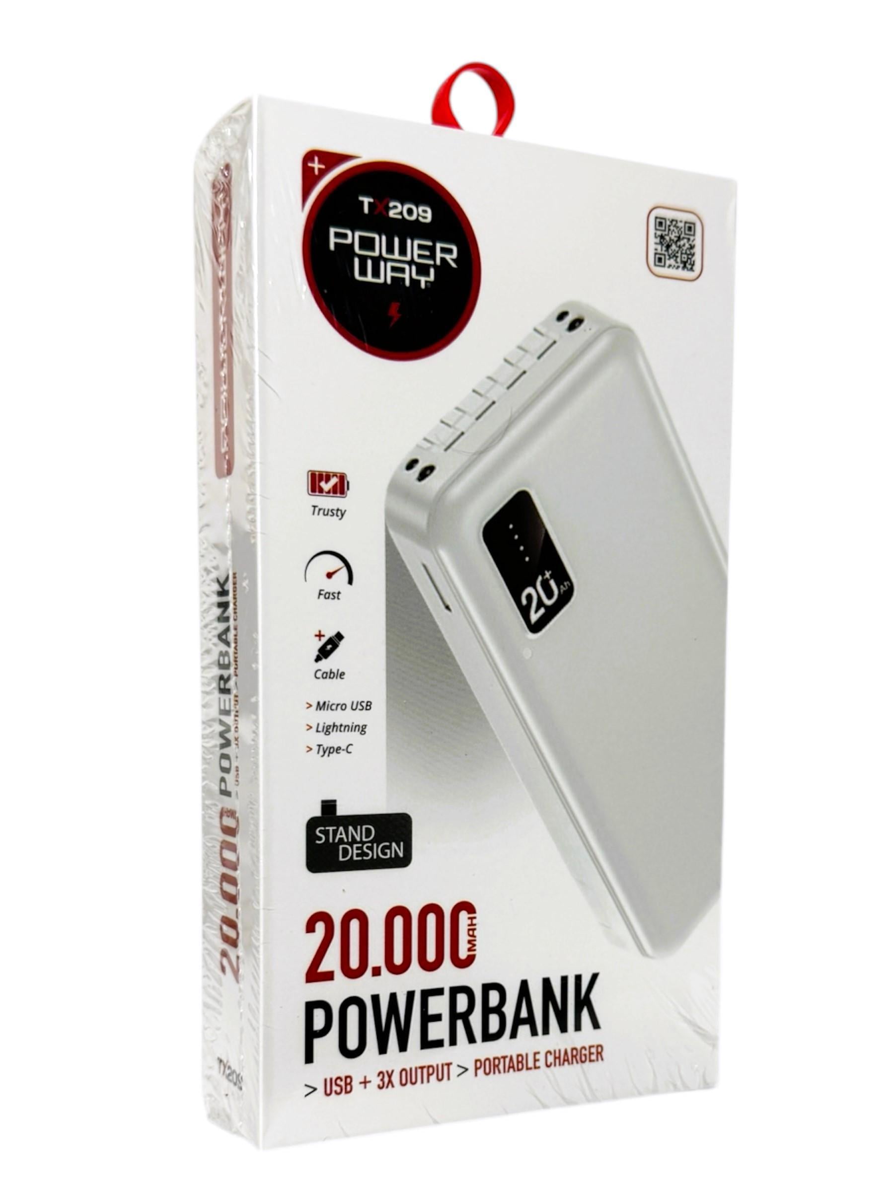 Повербанк PowerWay TX209 20000 mAh с фонарем и со встроенными кабелями/быстрой зарядкой/встроенной подставкой Белый (1746009755)