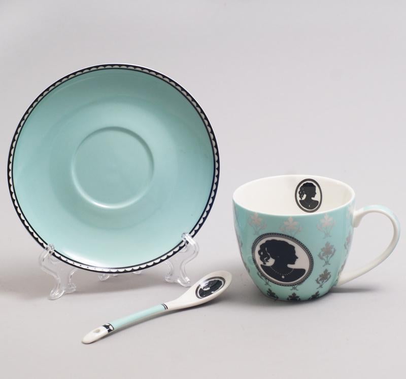 Чайная пара Силуэт чашка 280 мл с блюдцем и керамической ложкой Бирюзовый