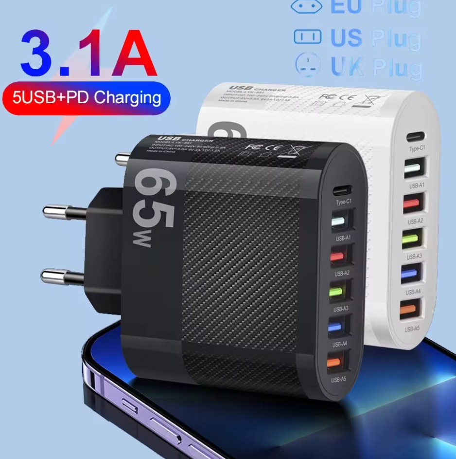 Зарядний пристрій для телефонів Quick Charge 3.0 USB/Type-C PD 65W 5+1 (ЗУ51) - фото 3