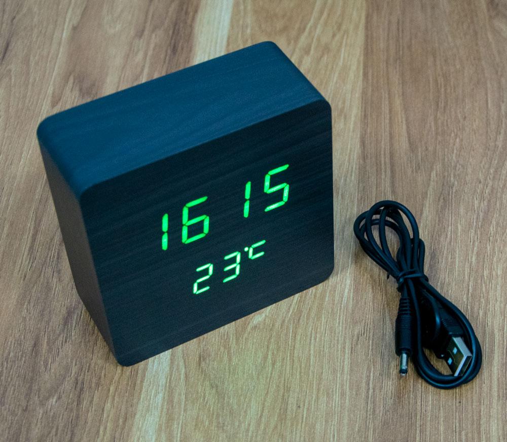 Годинник настільний Wooden Clock VST-872 електронний з термометром Чорний (1008157-Black-2) - фото 3