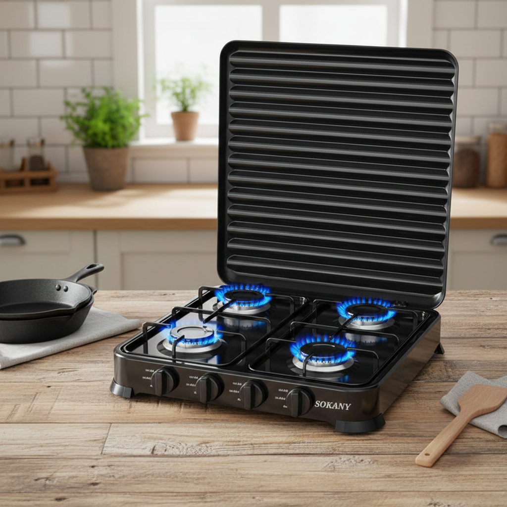 Газовая плита настольная Sokany SK-6004 под баллонный газ на 4 конфорки 8,8 кВт Черный (SK-6004-Black)