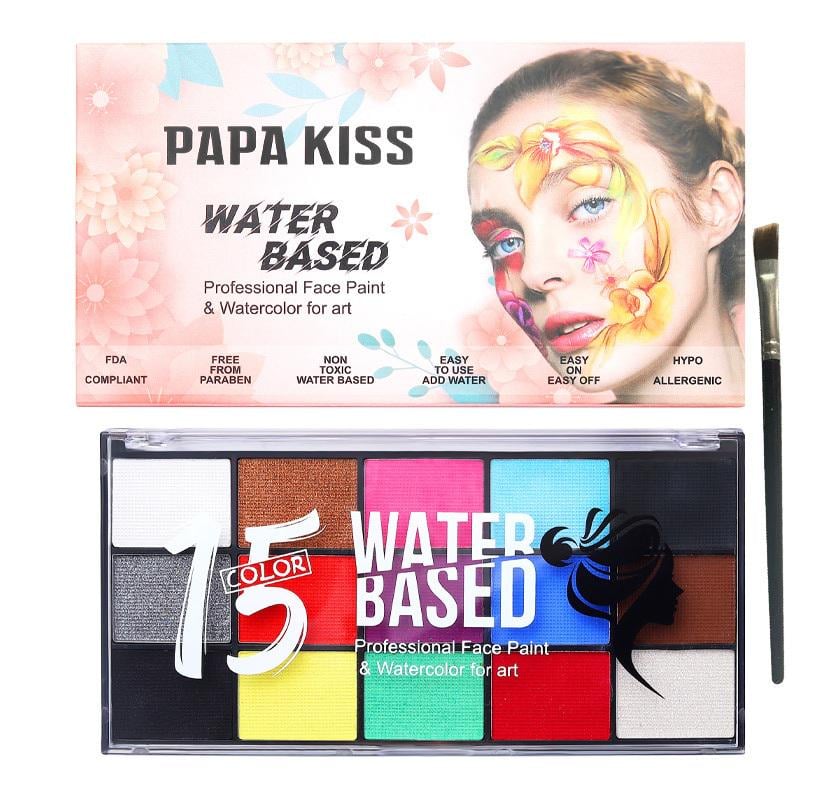 Набор аквагрима на водной основе с 15 яркими цветами для лица и тела (29456)