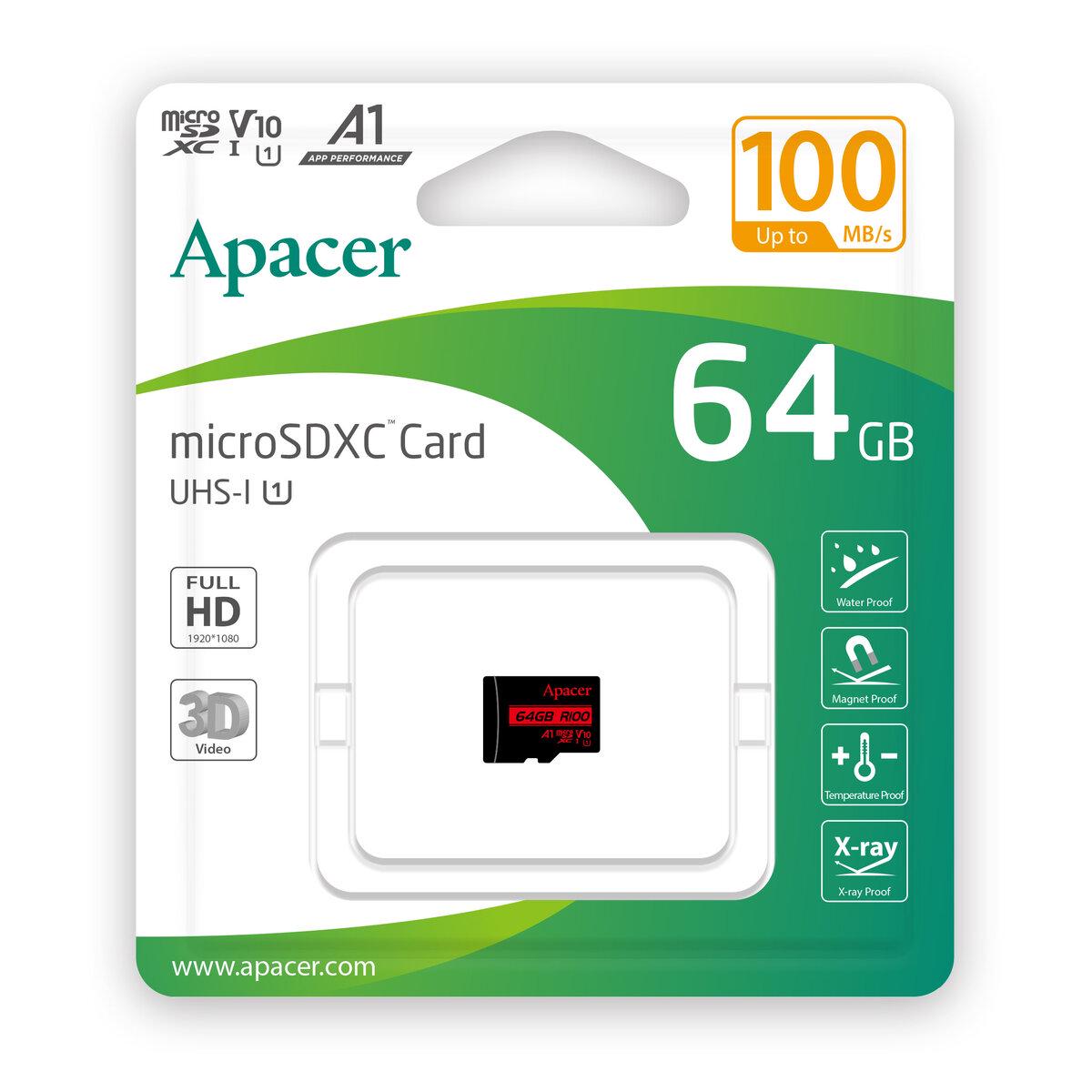 Карта памяти Apacer microSDHC UHS-1 64 Gb class 10 V10 A1 R100 MB/s AP64GMCSX10UB-RA Black (606297) - фото 2