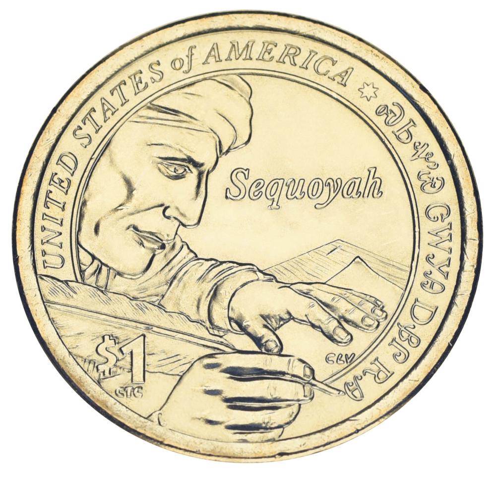 Коллекционная монета США 1 доллар 2017 D UNC Сакагавея Коренные американцы Секвойя - вождь индейского племени Чероки (KM#640)