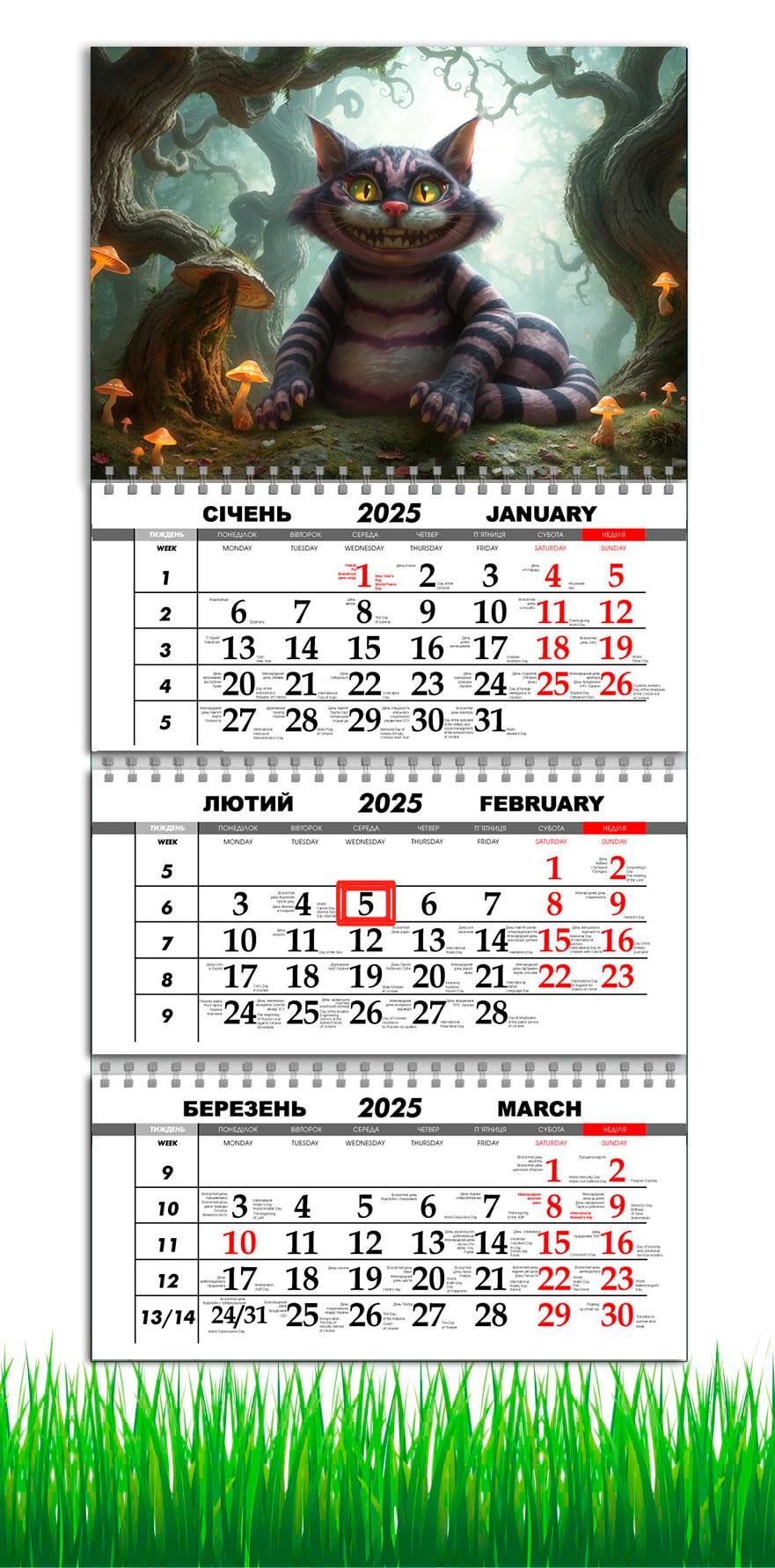 Календарь настенный квартальный на 2025 год APRIORI Чеширский кот на 3 пружины 30х61 см (UA3028)