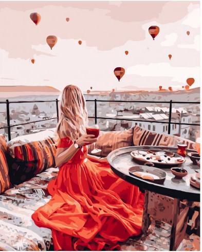 Набор для росписи по номерам Strateg Девушка в красном в Каппадокии 40х50 см коробка золото (VA-1916КЗ-mt)