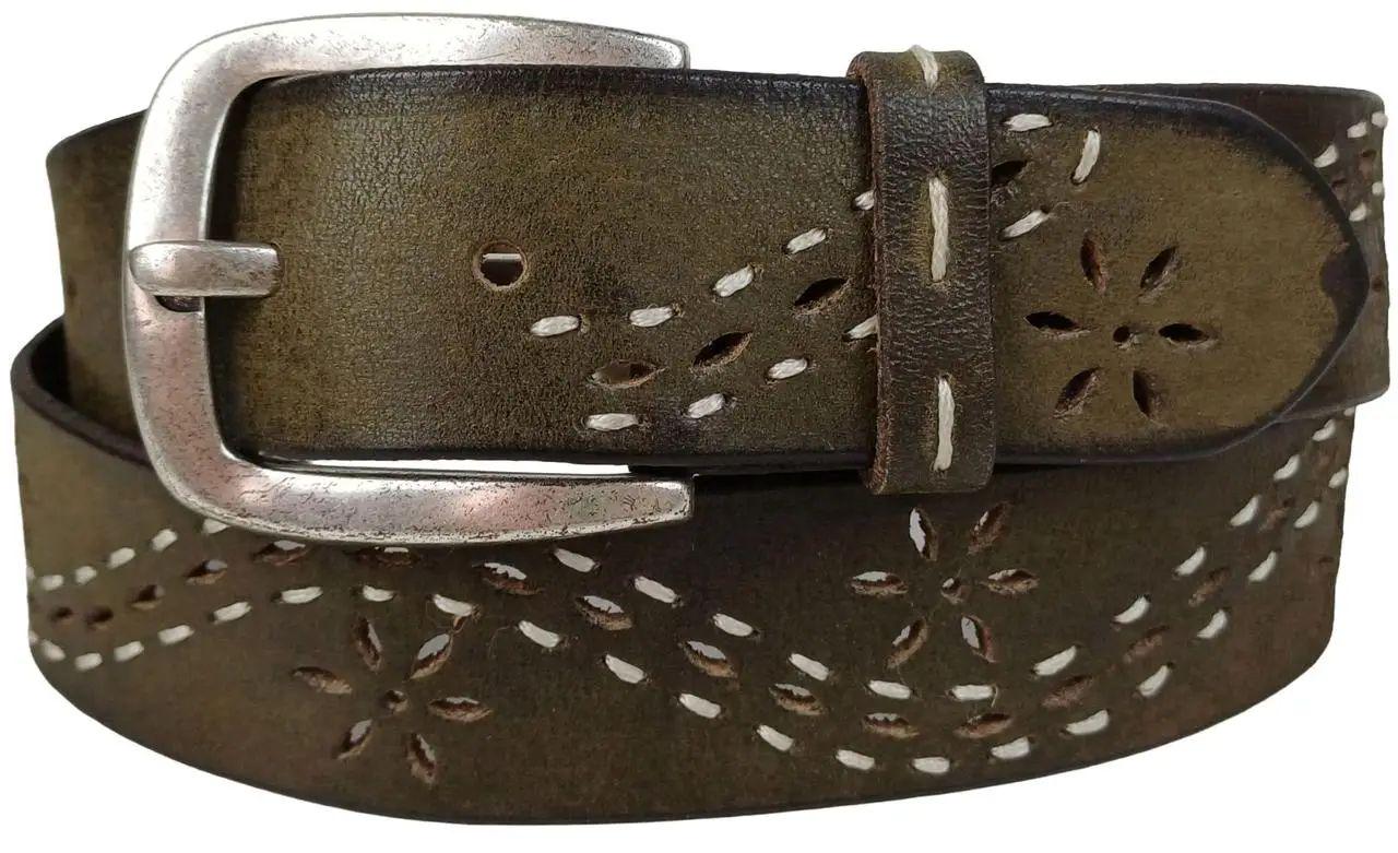 Ремінь жіночий Vanzetti шкіряний вінтажний 116х3,8 см Оливковий (RMT145)