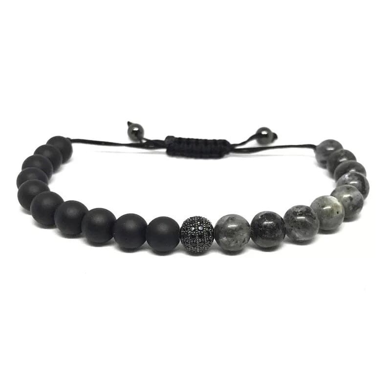 Браслет із шунгіту та лабрадориту з кулею на стяжці р. 23 Чорний/Сірий
 (90047)