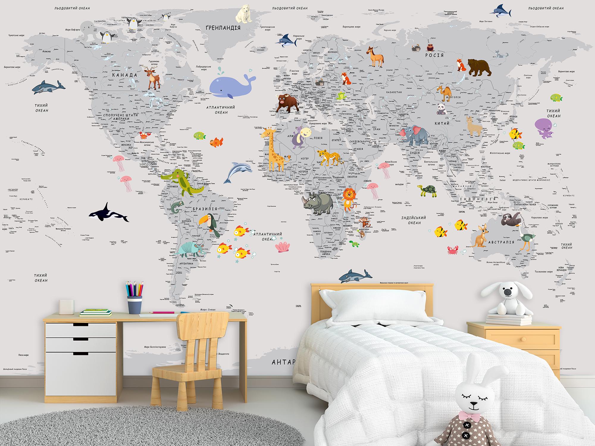 Фотошпалери флізелінові Upstream Дитяча мапа світу з смішними тваринами 180х120 см (WMK-017/2) - фото 6