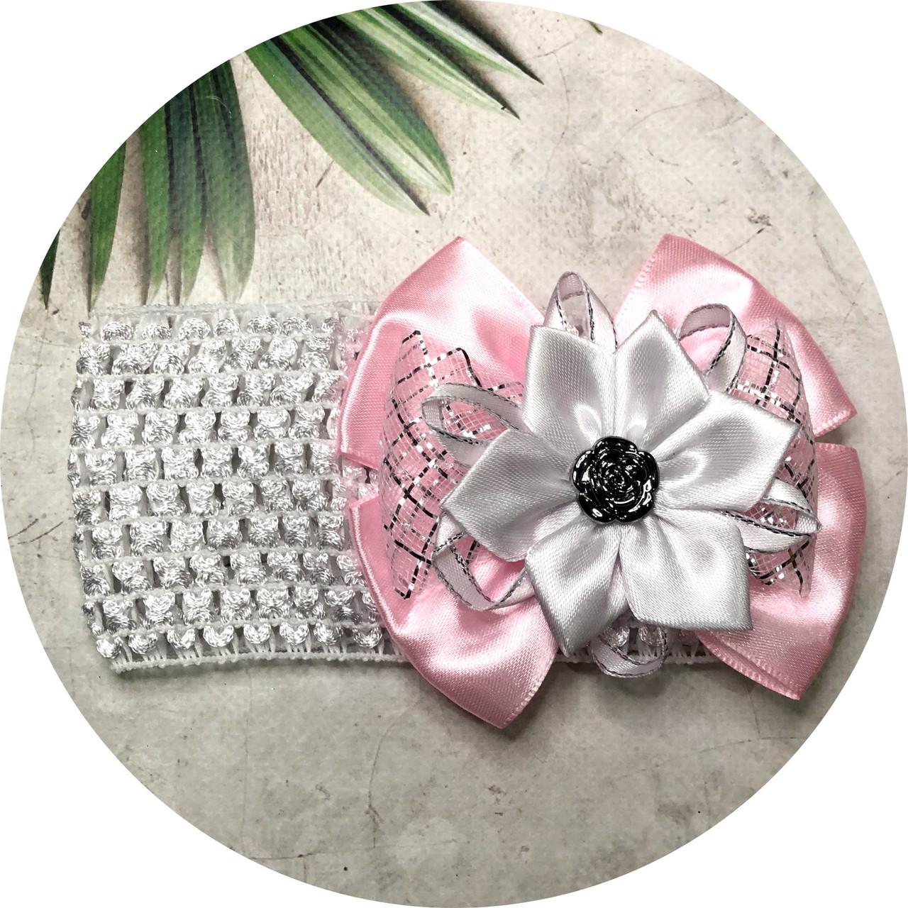 Повязка на голову с бантом Белый с розовым (258990)