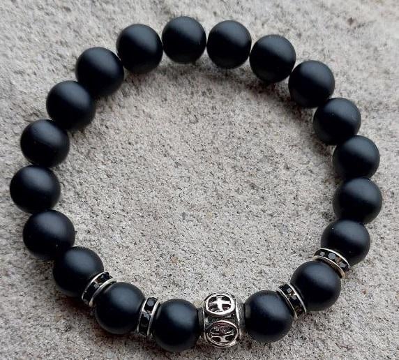 Браслет LITAURS из натуральных камней шунгит с металлическими вставками М 15-17 см (250204)